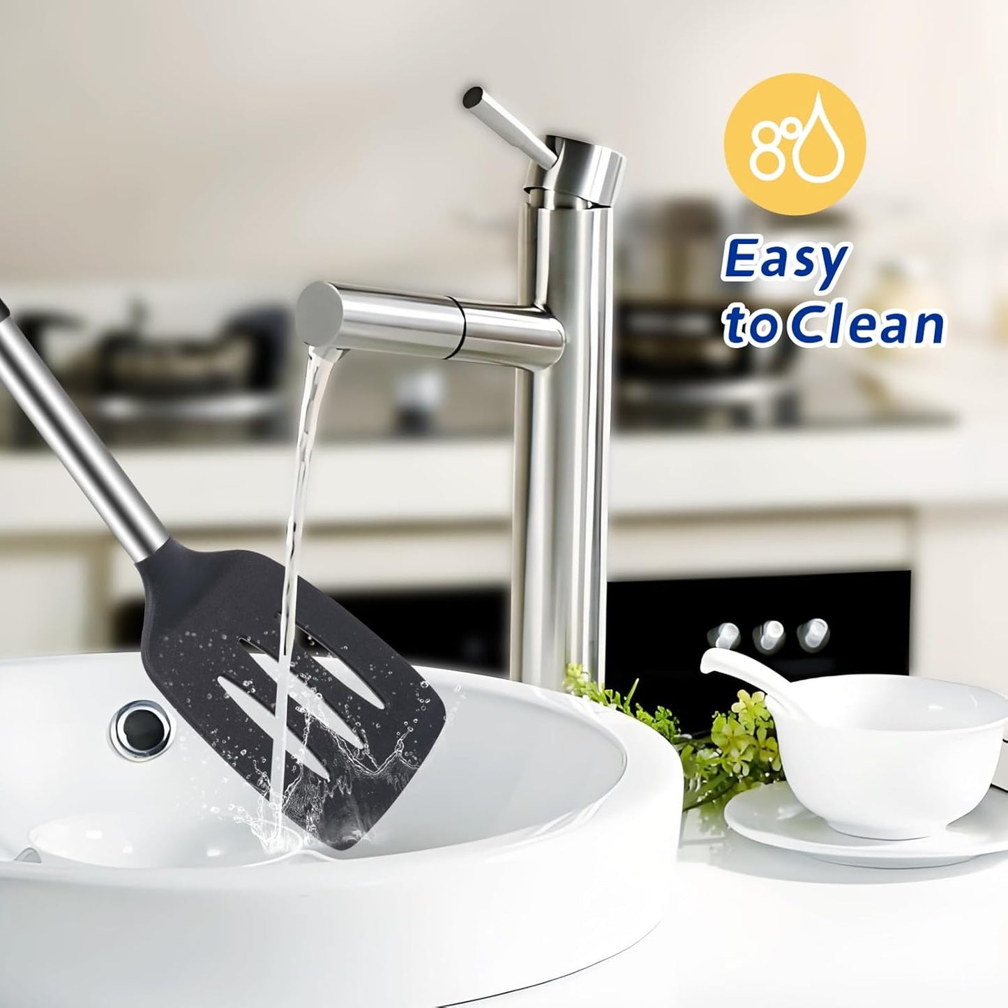 Silicone Kitchen Cooking Utensils Set 5-Piece BPA-Free Heat-Resistant Non-Stick & Dishwasher-Safe, with Slotted/Solid Spoons & Spatulas for Frying,Draining – Includes Multi-Purpose Serving Hook(Black)