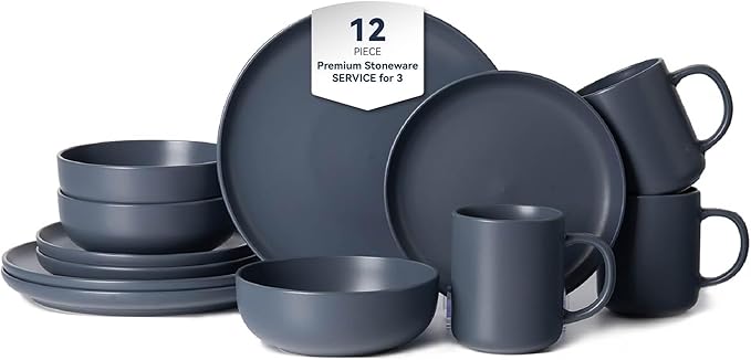 12-Piece Matte Blue Dinnerware Set,Stoneware Dinnerware for 3, Microwave & Dishwasher Safe, Stackable Design for Kitchen and Dining - Plates,Bowls and Mugs