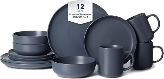 12-Piece Matte Blue Dinnerware Set,Stoneware Dinnerware for 3, Microwave & Dishwasher Safe, Stackable Design for Kitchen and Dining - Plates,Bowls and Mugs