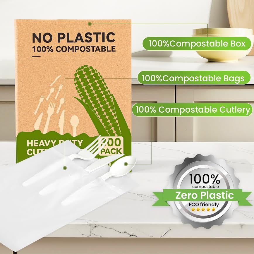 Heavy Duty Compostable Forks (300Pack), Eco-Friendly Heavyweight No-Plastic Fork - 100% Disposable Forks Cornstarch Flatware for Lounge Party Wedding BBQ Picnic Camping