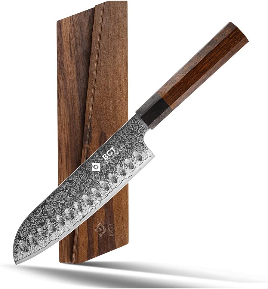 BGT 7 inch Santoku Knife, Japanese Sharp Chef Knife, Japanese VG10 67 layer Damascus Steel Kitchen Knife with Ebony Wood Handle and Gift Box