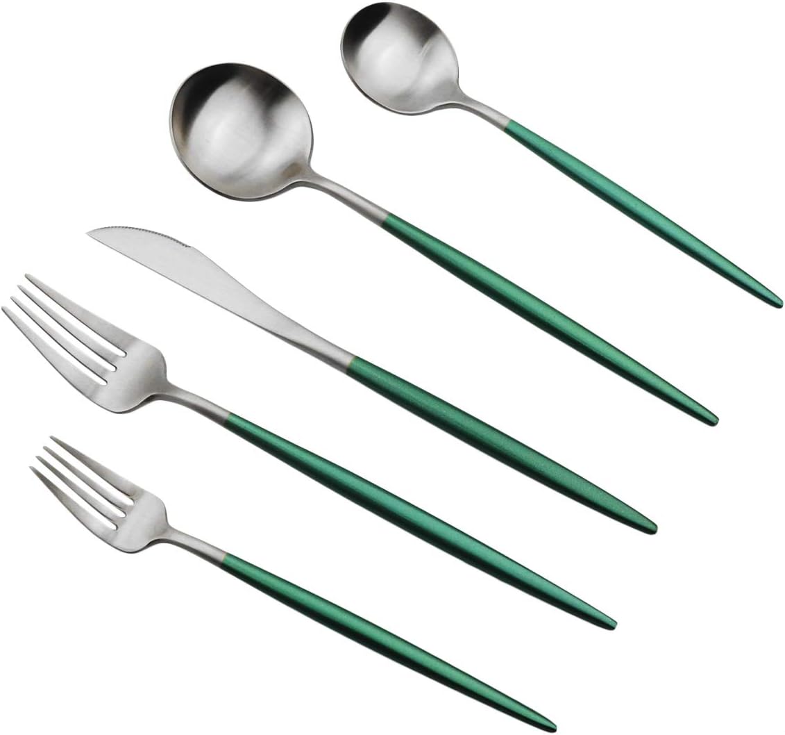 Gugrida Luxury Flatware, Royal 5 Piece Matte White Handle 18/10 Stainless Steel Tableware Sets for 1 Including Forks Spoons Knives, Camping Silverware Travel Utensils Set Cutlery (Green Silver)