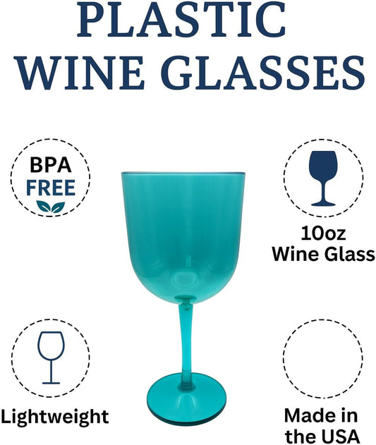Party Outlaw Plastic Wine Glasses 4 Pc 10oz, Classic Wine Drinking Glasses, BPA-Free, Lightweight, Heavy Duty, Reusable, Shatter - Proof, Dishwasher Safe, Made in USA (Teal)