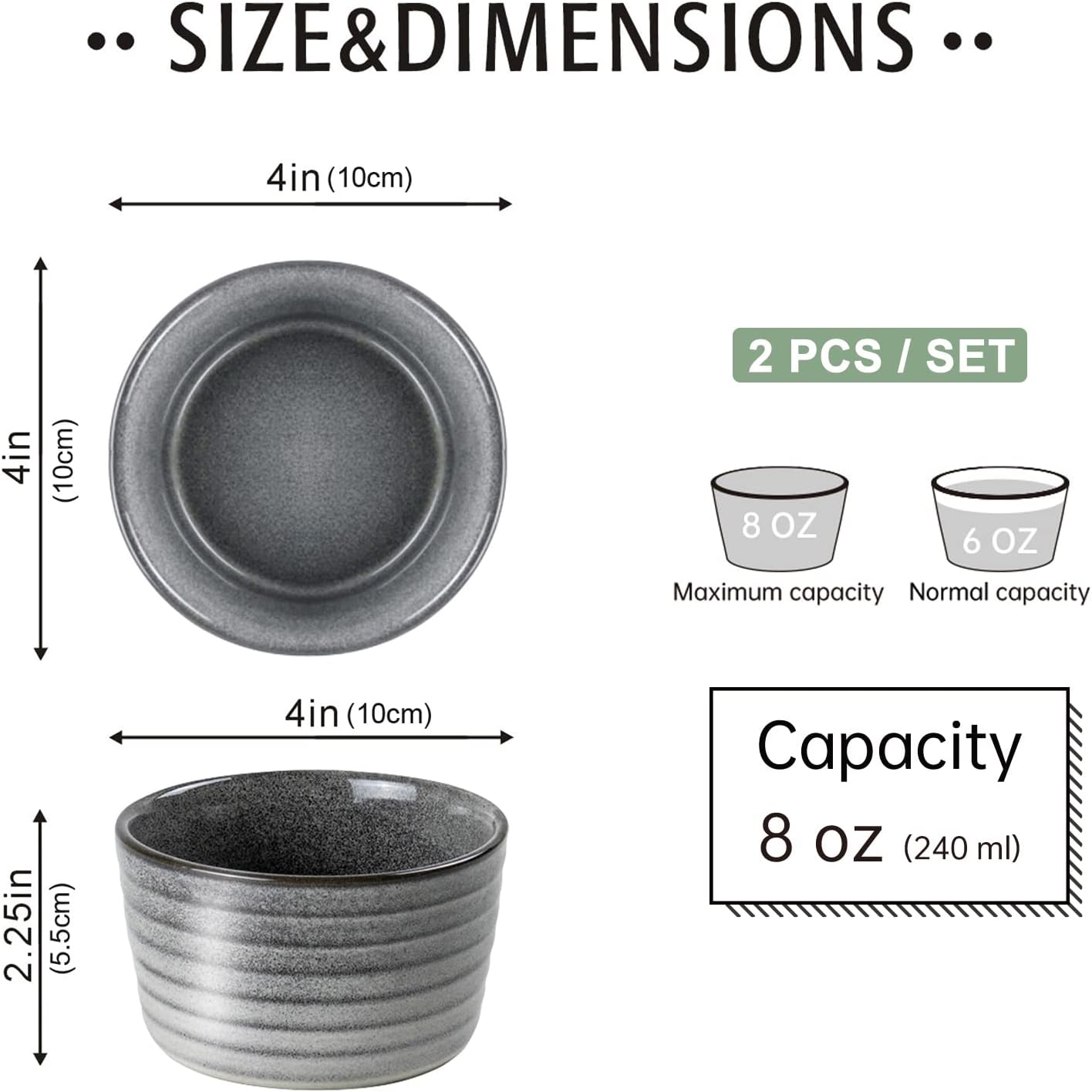 UNICASA Ramekin Set of 2, 8 oz Creme Brulee Ramekins, Oven Safe Baking Set for Custard, Pudding, Souffle Cups, Reactive Gray