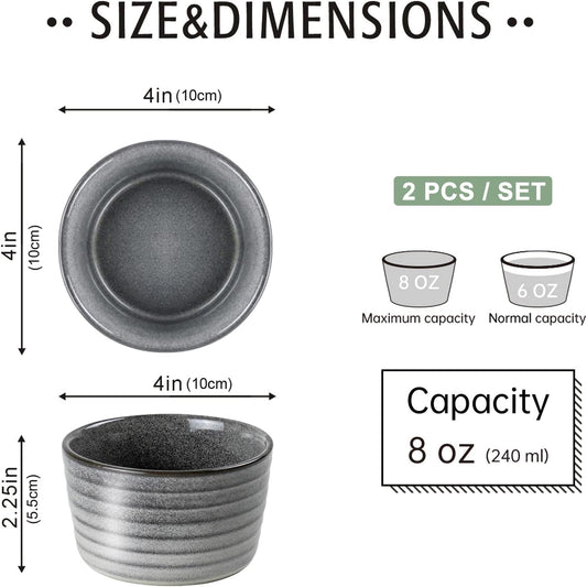 UNICASA Ramekin Set of 2, 8 oz Creme Brulee Ramekins, Oven Safe Baking Set for Custard, Pudding, Souffle Cups, Reactive Gray