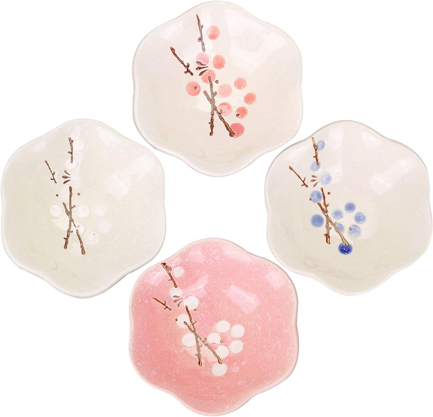 VanEnjoy Ceramic Japanese Dipping Bowl Soy Sauce Seasoning Dishes Soy Dipping Sauce Dishes set of 4, Floral pattern with Flower shape (leaves) (leaves)