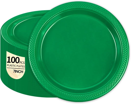 100 pcs Green Plastic Plates Disposable 7inch Plastic Plates 100 pcs Party Dessert Dinner Plates Heavy Duty for Autumn Party,Christmas,Thanksgiving day,Wedding, Valentines,Wedding, Valentines