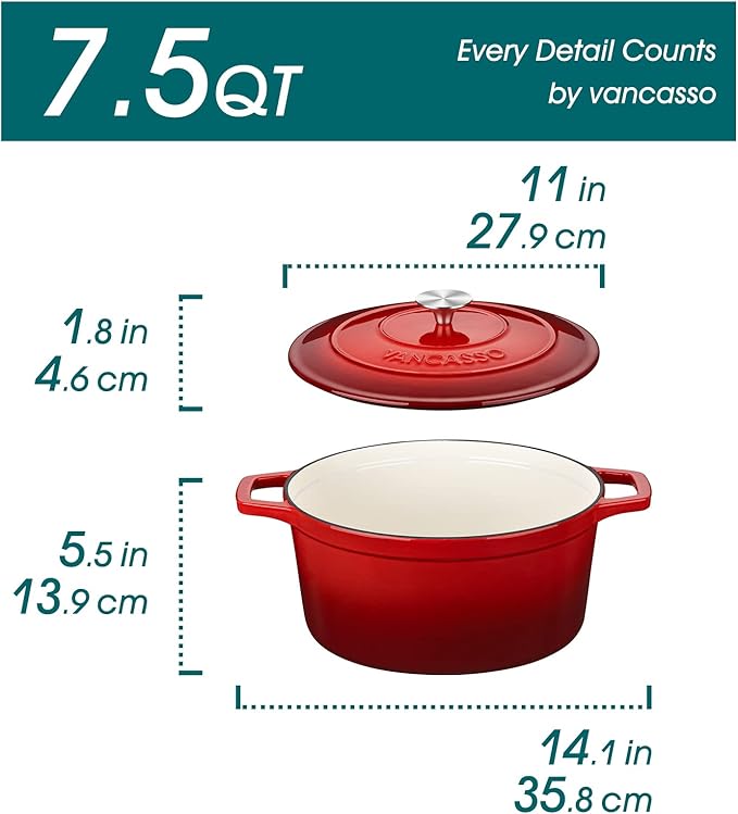vancasso Enameled Cast Iron Dutch Oven, 7.5 QT Dutch Oven Pot with Lid, Round Enamel Dutch Oven for Bread Baking, Non Stick Enamel Coating, Pot's Body Cast Iron, Red