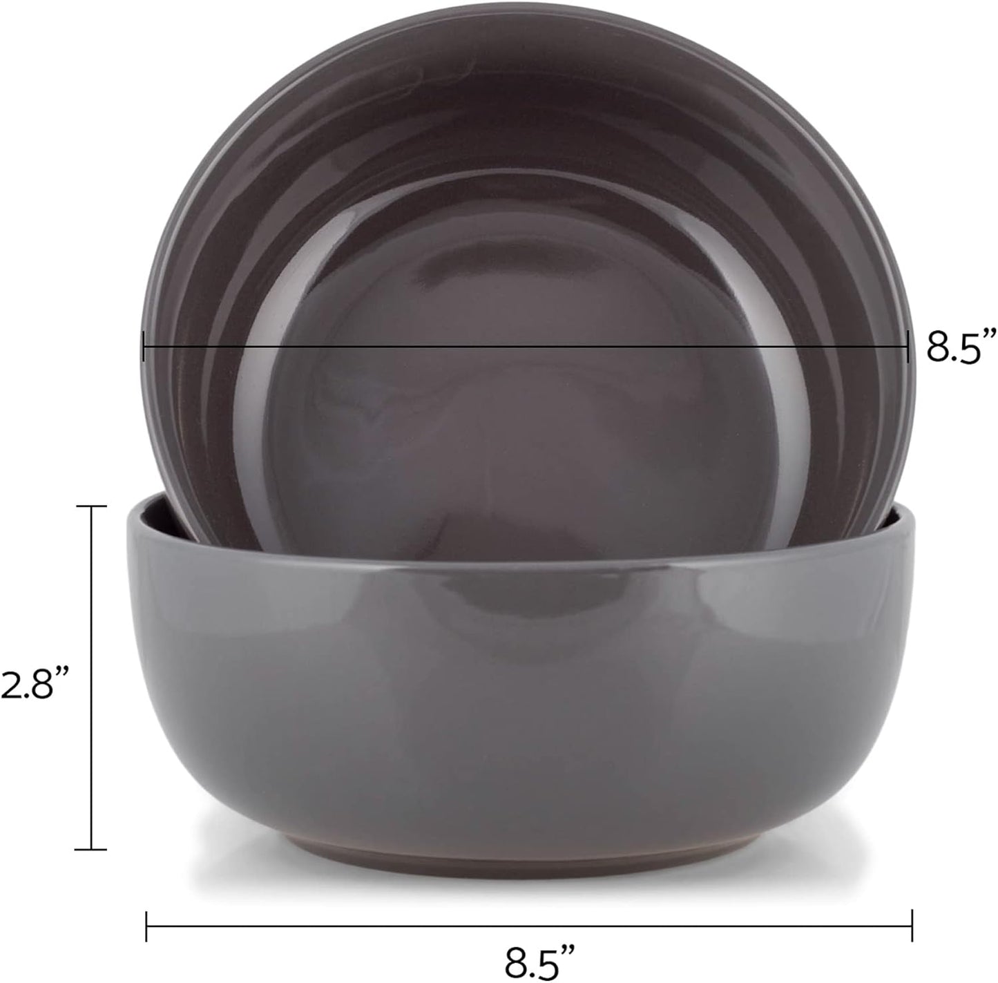 Elanze Designs Bistro Glossy Ceramic 8.5 inch Large Serving Bowls Set of 2 - Perfect for Multiple Everyday Uses: Pasta, Salad, Ramen, Soup, Popcorn, Noodles, Cereal and Mixing Bowls, Charcoal Grey