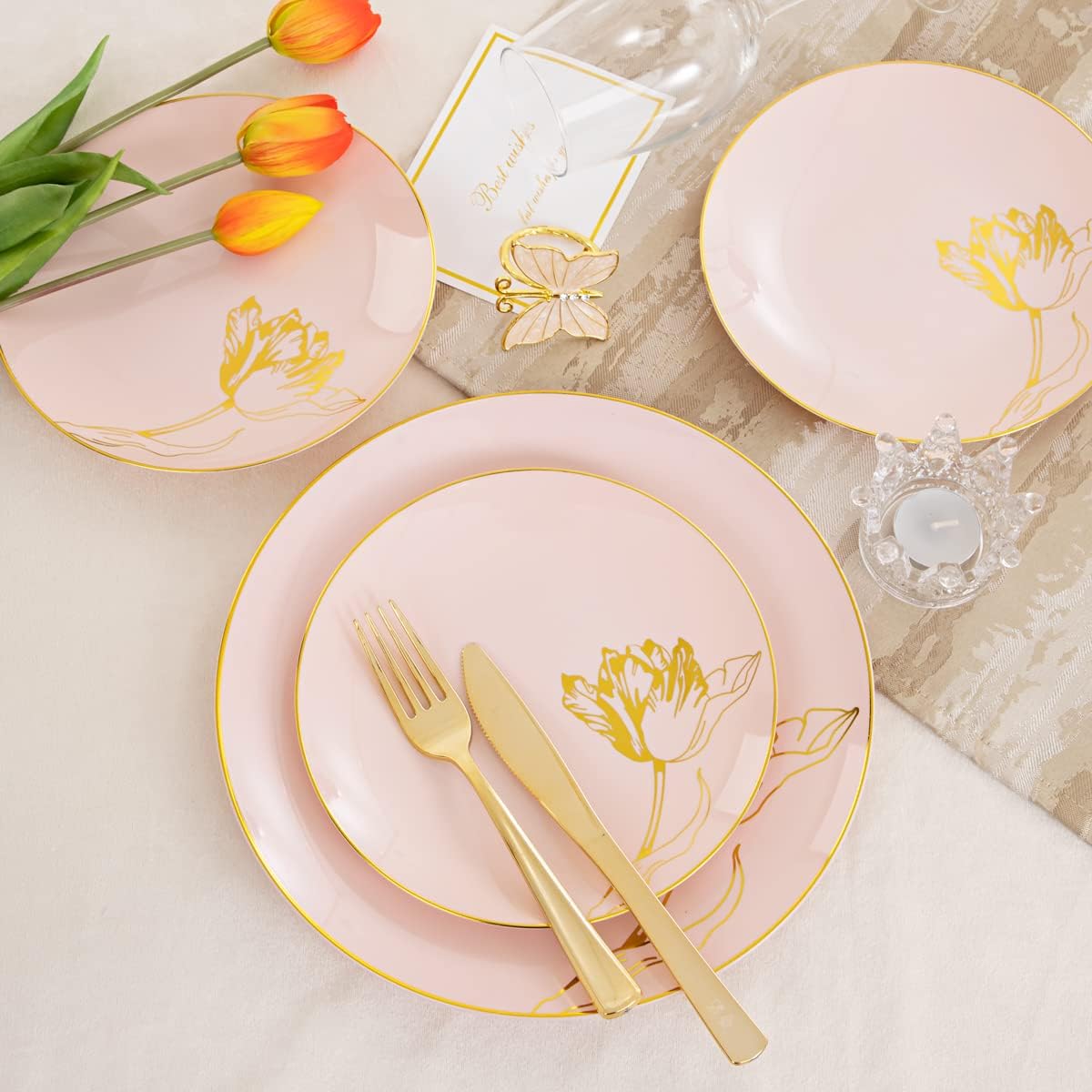 Nervure 175PCS Pink Plastic Plates - Floral Pink Gold Disposable Plates Include 50Plates, 25Forks, 25Knives, 25Spoons, 25Cups, 25Napkins Perfect for Wedding & Party & Easter & Mother's Day