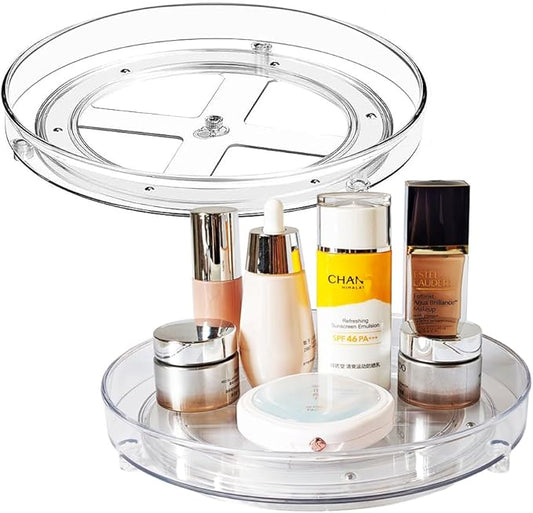 2 Pack Clear Lazy Susan Turntable Organizer, 9.25Inch 360 Rotating Makeup Organizer for Vanity, Desktop Cosmetics Display Cabinet and Perfume Organizer for Small Spaces in Kitchen, Bathroom, Dorm