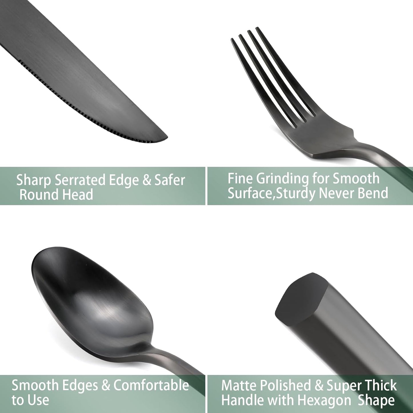 DEACORY Silverware Set Flatware Set Matte Black Cutlery Set Brushed Finished Hexagon Handle Heavy Stainless Steel 60 Pieces Dishwasher Safe Service for 12