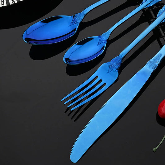JASHII 4-Piece Blue Cutlery Set Silverware Set, Mirror Polished, Stainless Steel Flatware Cutlery Eating Utensils Service for 1, Unique Elegant Pattern, Dishwasher Safe (Blue)