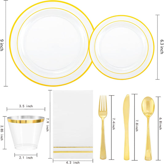 GATHER 350PCS Clear Gold Plastic Plates - Disposable Gold Dinnerware Sets Includes 100 Gold Rim Plastic Plates, 150 Silverware, 50 Napkins, 50 Cups for Party, Wedding & Birthday & Thanksgiving