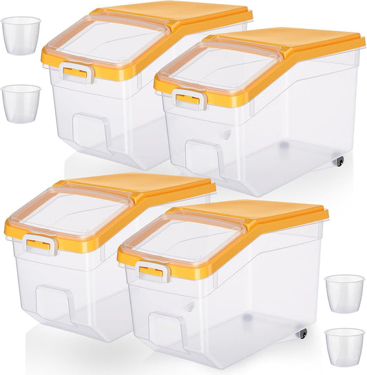 Sunnyray 4 Pcs Rice Storage Container 28 lb Airtight Flour Container with Wheels Measuring Cup Clear Pet Dog Birds Cat Food Bin Grain Cereal Organizer Box for Dry Baking Supplies(Yellow Lid)