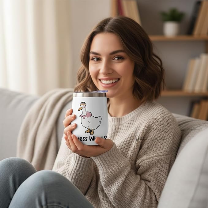 VICBOU Cute Funny 12 oz Tumbler, Wine Tumbler Insulated Wine Glass with Lid, Duck Gifts for Girls Boys Women Men Mom Animal Lovers Duck Supplies Accessories Friendship Appreciation Christmas Birthday