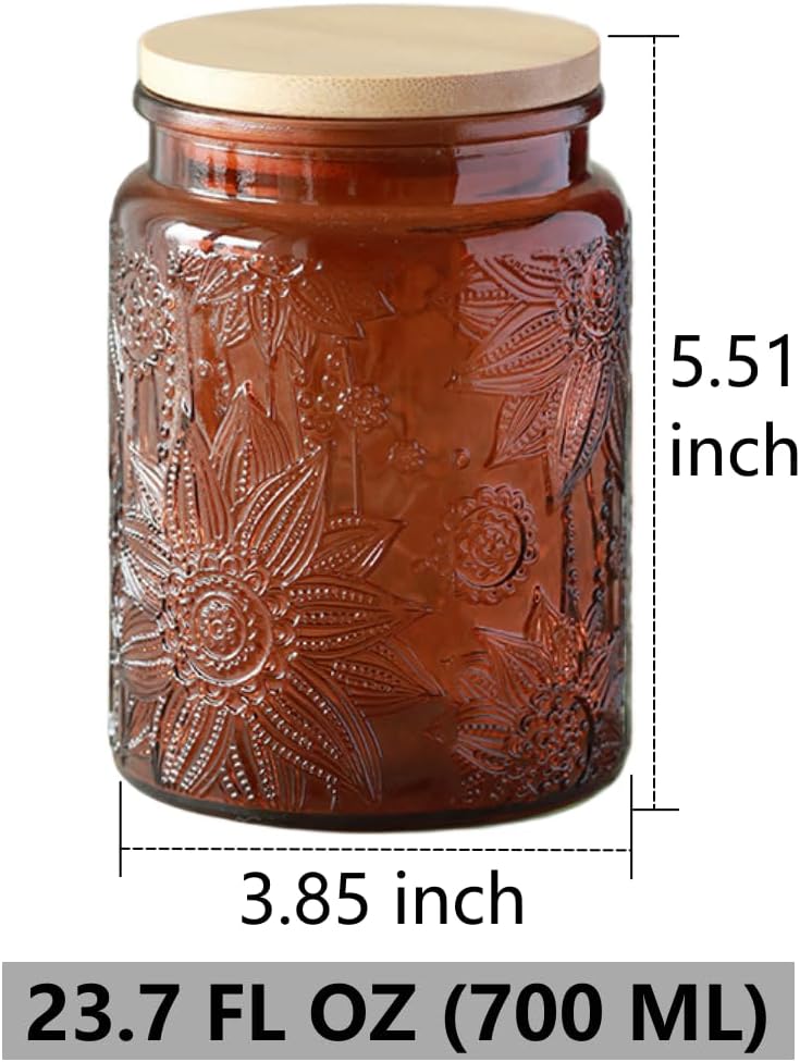ANSQU Set of 2 Vintage Glass Kitchen Storage Counter Jar, 23.7 FL OZ Candy Jars with Lids, Coffee Container for Ground Coffee, Mason Jar Hold Tea, Sugar, Bath Salts & More (Brown, 2 Pack)