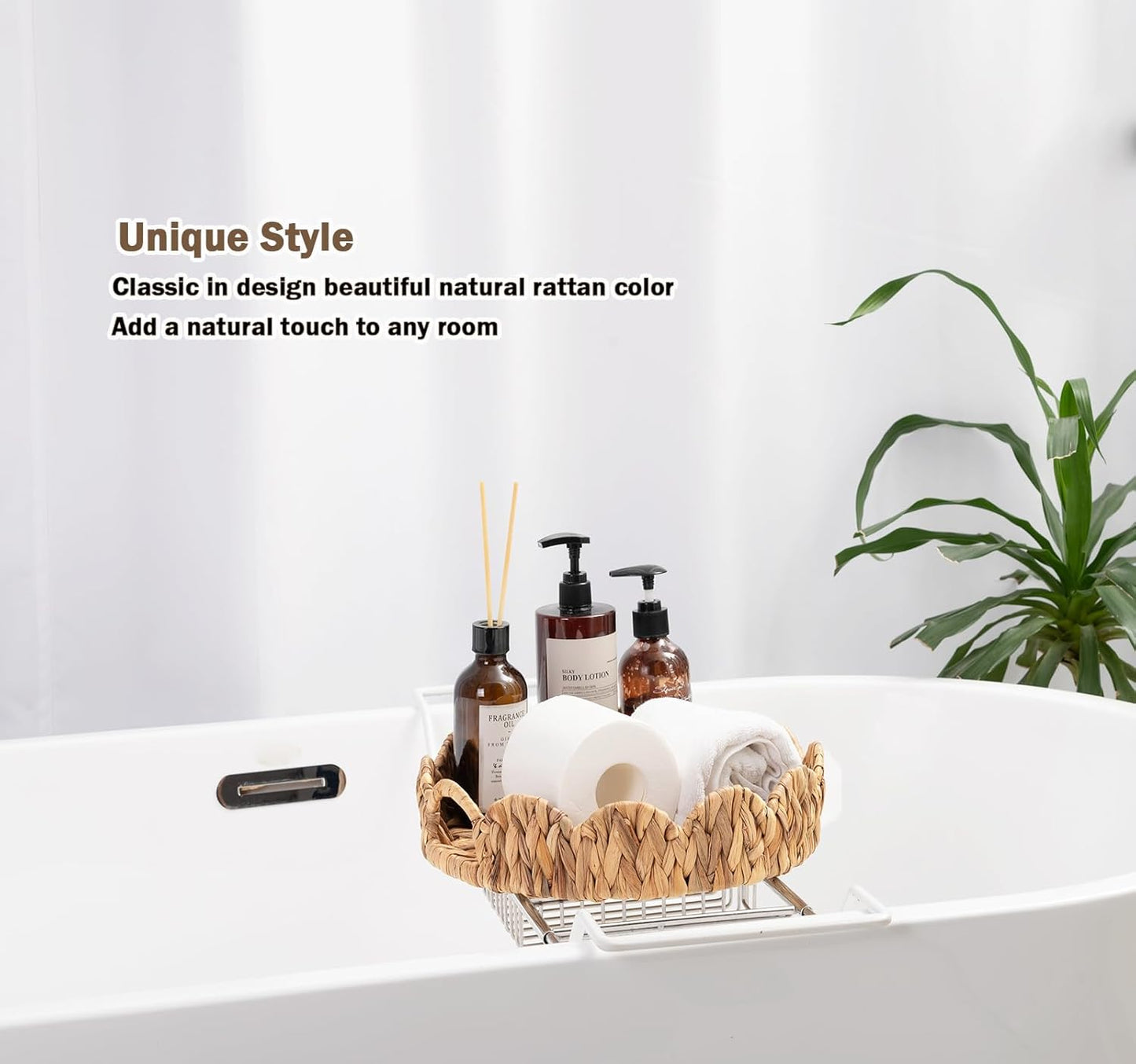 Scalloped Edge Round Tray, Round Serving Tray with Built-in Handles, Wicker Woven Decoratve Tray Basket Organize for Coffee Table Home Decor, Water Hyacinth Rattan Tray，Set of 2, Natural