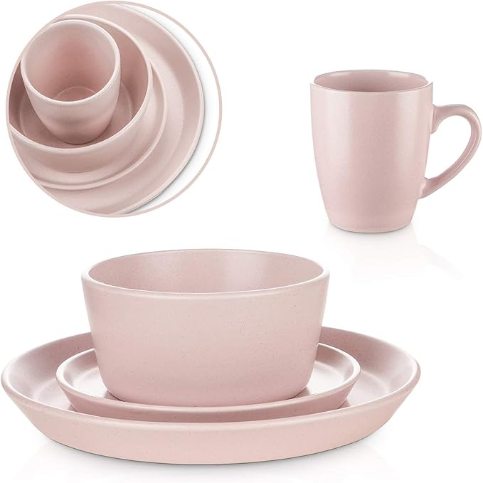 Stone Lain Albie Stoneware 32-Piece Modern Dinnerware Set, Kitchen Plates and Bowls Sets, Dish Set for 8, Pink