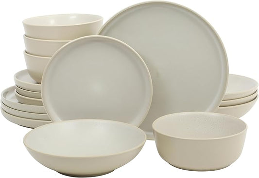Gibson Elite Tribeca Loft 16-Piece Dinnerware Set – Matte Cream and White Reactive Glaze Stoneware, Double Bowl Round Plates and Bowls – Modern Neutral Tableware for 4, Dishwasher & Microwave Safe