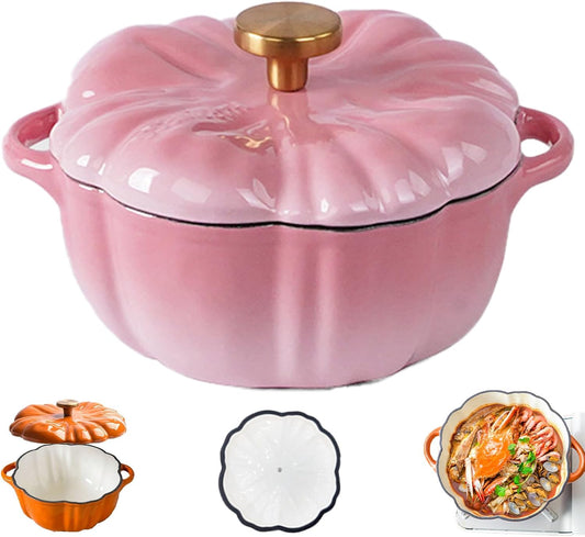 Enameled Cast Iron Pumpkin Dutch Ovens, Pumpkin Dutch Oven with Lid Covered Stockpot, 4-Quart Enameled Cast Iron Pot, Holds 2-3 Servings, Non-Stick, for All Stovetops (Pink, S 6.2in)