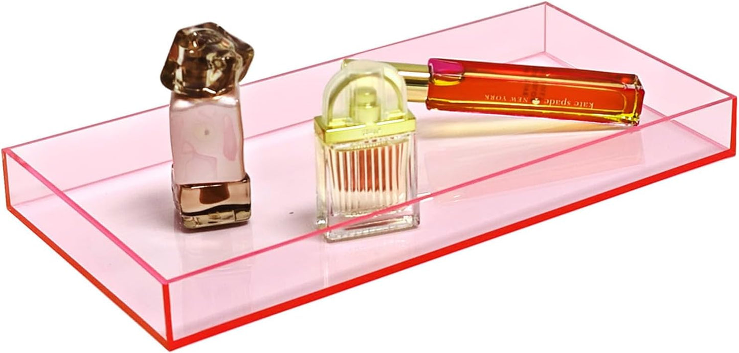 SetGame Pink Acrylic Serving Tray with Handles, Pink Decorative Storage Arylic Trays, Small Simple Vanity Tray Food Tea Fruit Dinner Snack Tray for Bar Kitchen Party, Bathroom Tray, 10X5 Inch