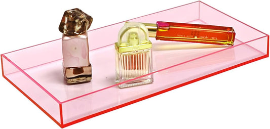 SetGame Pink Acrylic Serving Tray with Handles, Pink Decorative Storage Arylic Trays, Small Simple Vanity Tray Food Tea Fruit Dinner Snack Tray for Bar Kitchen Party, Bathroom Tray, 10X5 Inch