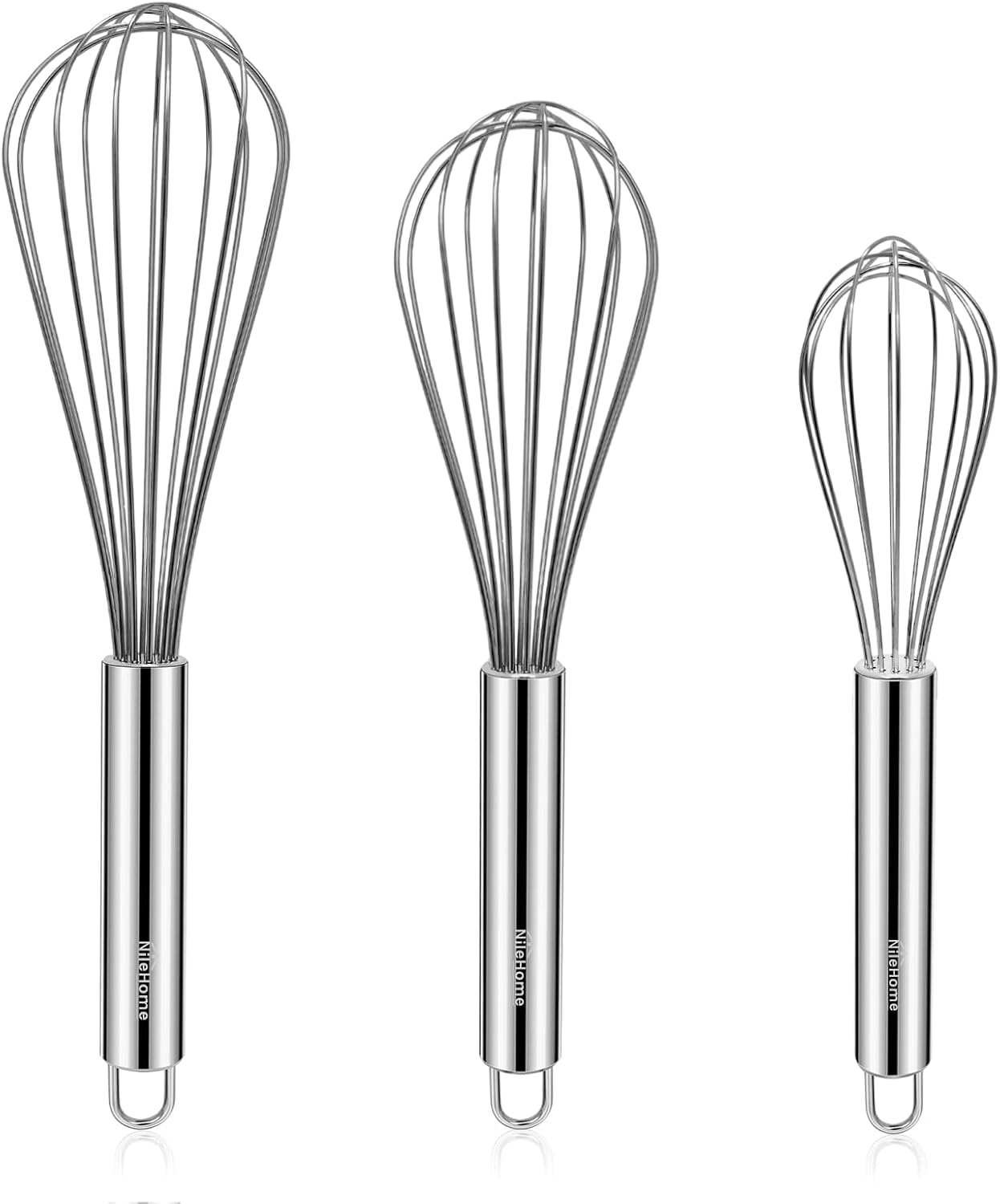 NileHome Stainless Steel Whisk Set 8" 10" 12" Kitchen Whisk Balloon Whisk Kitchen Wisk Wire Whisks for Cooking, Whisking, Blending, Beating, Stirring-3 Pack…