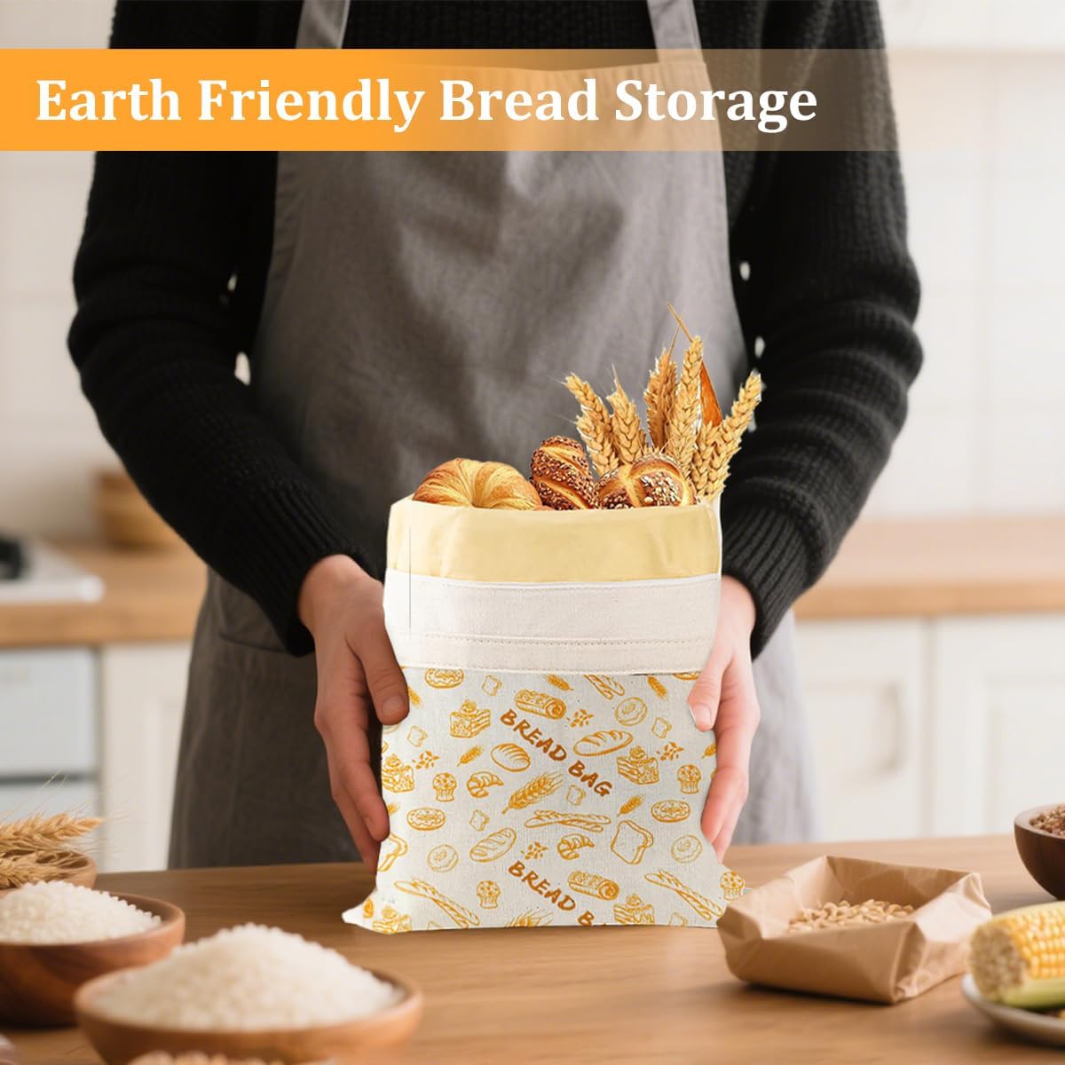 2pcs Reusable Bread Bags for Homemade, Organic Beeswax Cotton Bag with with Lining & Zipper, Sourdough Food Storage Bags, for Freezer-Friendly & Freshness Preservation