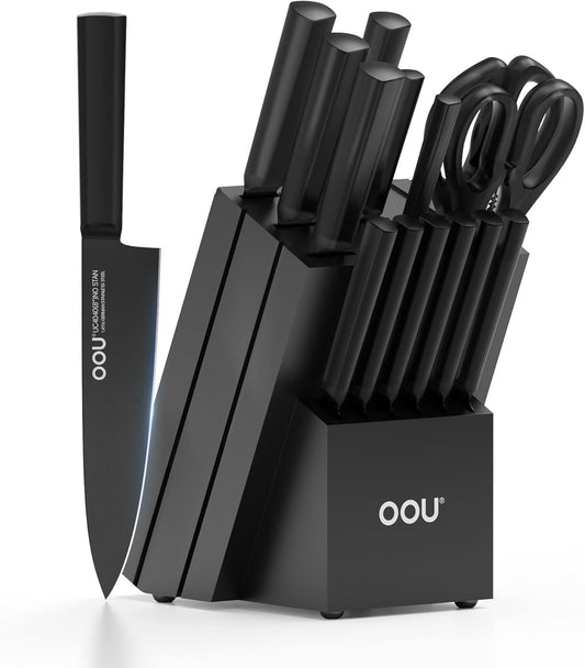 OOU Kitchen Knife Block Set - 15 Pieces High Carbon Stainless Steel Chef Knife Sets, Anti-Rust Black Knives Set with Built-in Sharpener Block, Black