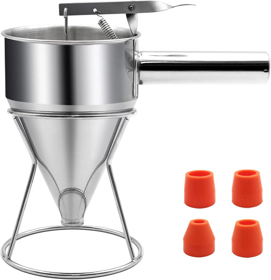 20oz Pancake Batter Dispenser, Stainless Steel Funnel Cake Dispenser with Stand Heavy Duty Baking Tool for Cupcake Waffles Cakes, Caliber: 0.31"/0.47"/0.55"/0.67"