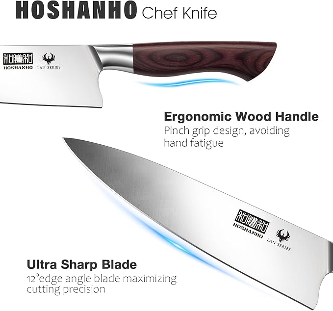 HOSHANHO 8 Inch Chef Knife for Cooking, Super Sharp High Carbon Stainless Steel Kitchen Knife, Professional Japanese Knife with Durable Wood Handle