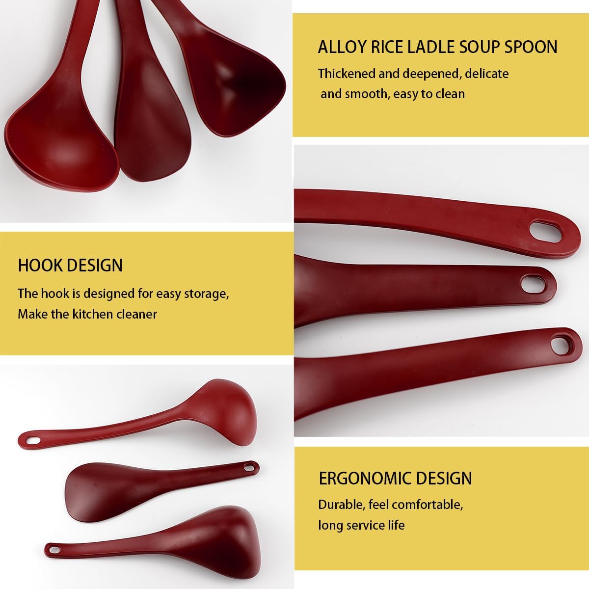 DOERDO 3Pcs Rice Paddle Spoon Non Stick Soup Spoon Hea-Resistant Cooking spoon for Rice Soup Potato, Red