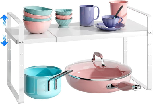 Expandable Cabinet Shelf Organizer, Stackable Kitchen Pantry Counter Storage, Adjustable Closet Cupboard Stand Rack Risers Spice Organization 80LBS Heavy Duty White Large 1 Pack