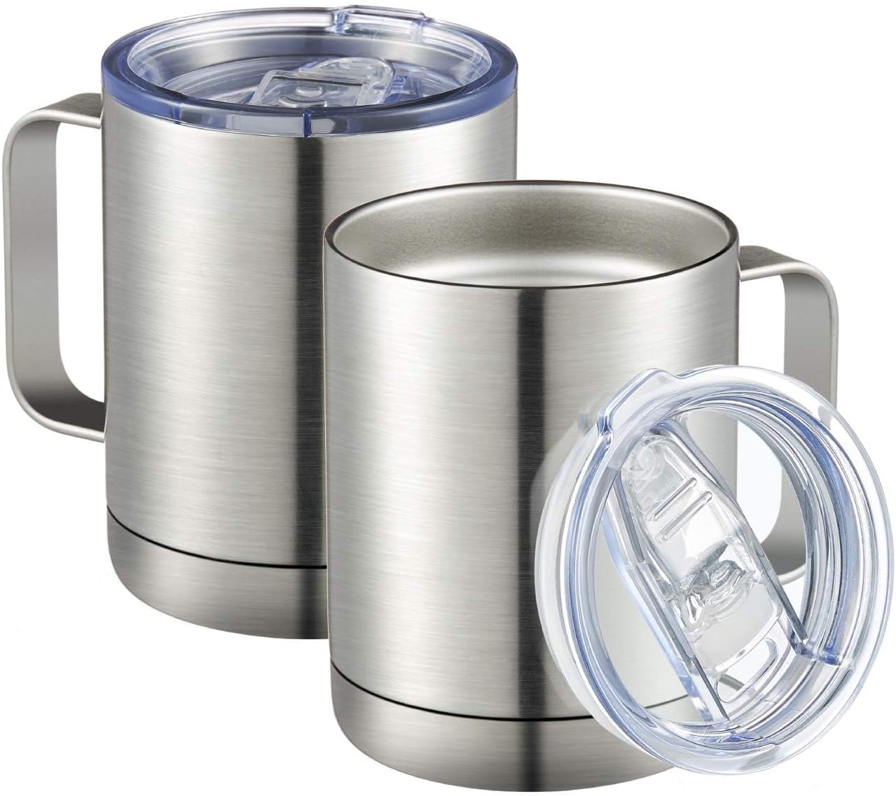 MEWAY 12oz Coffee Mug With Handle 2 Pack Bulk,Stainless Steel Insulated Travel Tumblers With Sliding Lid,Double Wall Vacuum Camping Cup for Hot & Cold Drinks Tea (Sliver,Set of 2)