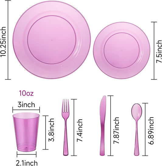 WDF 25 Guest Purple Plastic Plates with Disposable Silverware & Plastic Cups include 25 Neon Clear Purple Dinner & Salad Plates,25Forks, 25Knives,25 Spoons,25Cups for Party