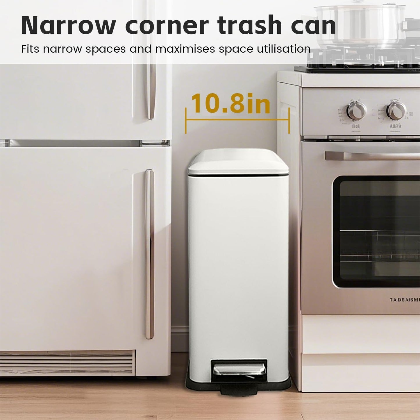 12 Gallon Slim Stainless Steel Trash Can with Soft-Close Lid & Removable Inner Bucket, Fingerprint-Proof, Odor-Controlled Kitchen Bathroom & Office Waste Bin, White