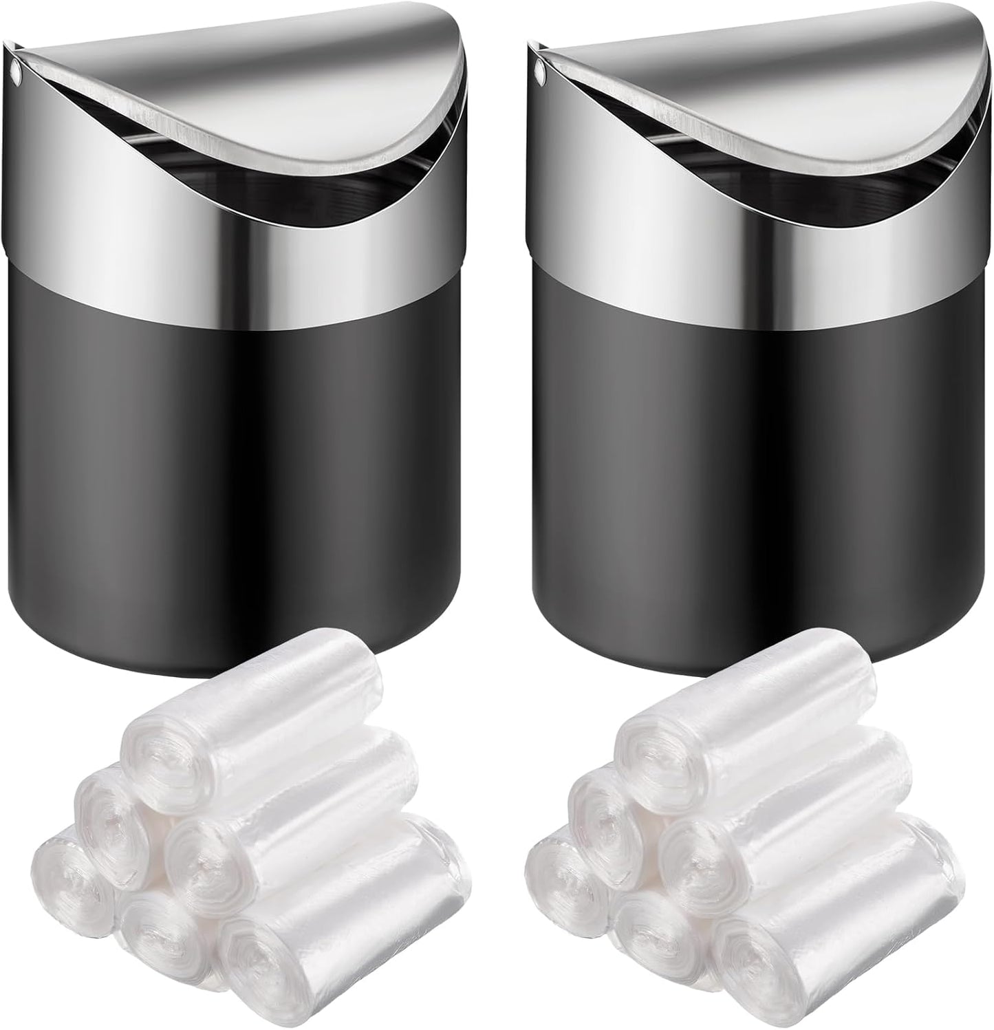 2 Pcs Desk Trash Can with Swing Lids, 12 Rolls of Trash Bags, 2L Brushed Stainless Steel Countertop Garbage Bin Small Wastebasket with Lid for Office Desk, Coffee Table(Matte Black)