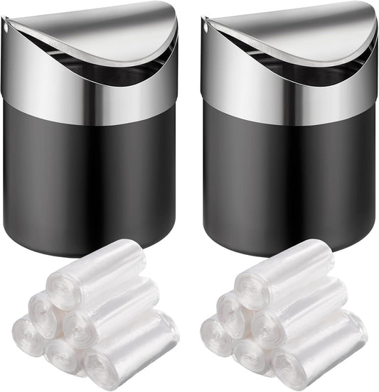 2 Pcs Desk Trash Can with Swing Lids, 12 Rolls of Trash Bags, 2L Brushed Stainless Steel Countertop Garbage Bin Small Wastebasket with Lid for Office Desk, Coffee Table(Matte Black)