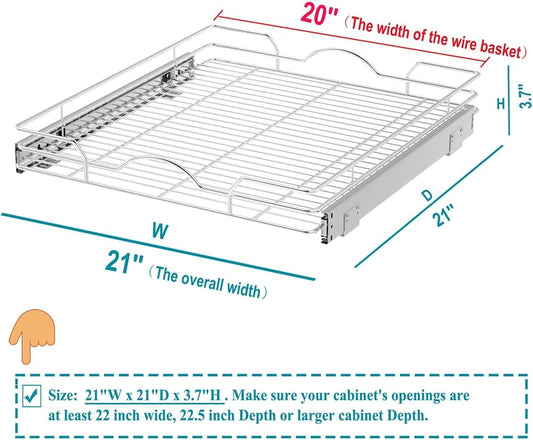 OCG Pull Out Cabinet Organizer 2 Pack (21" W x 21" D), Pull out Shelves 1 Tier, Cabinet Slide Out Shelves for Base Cabinet Organization in Kitchen Bathroom Pantry, Bottom Mount, Chrome Finish