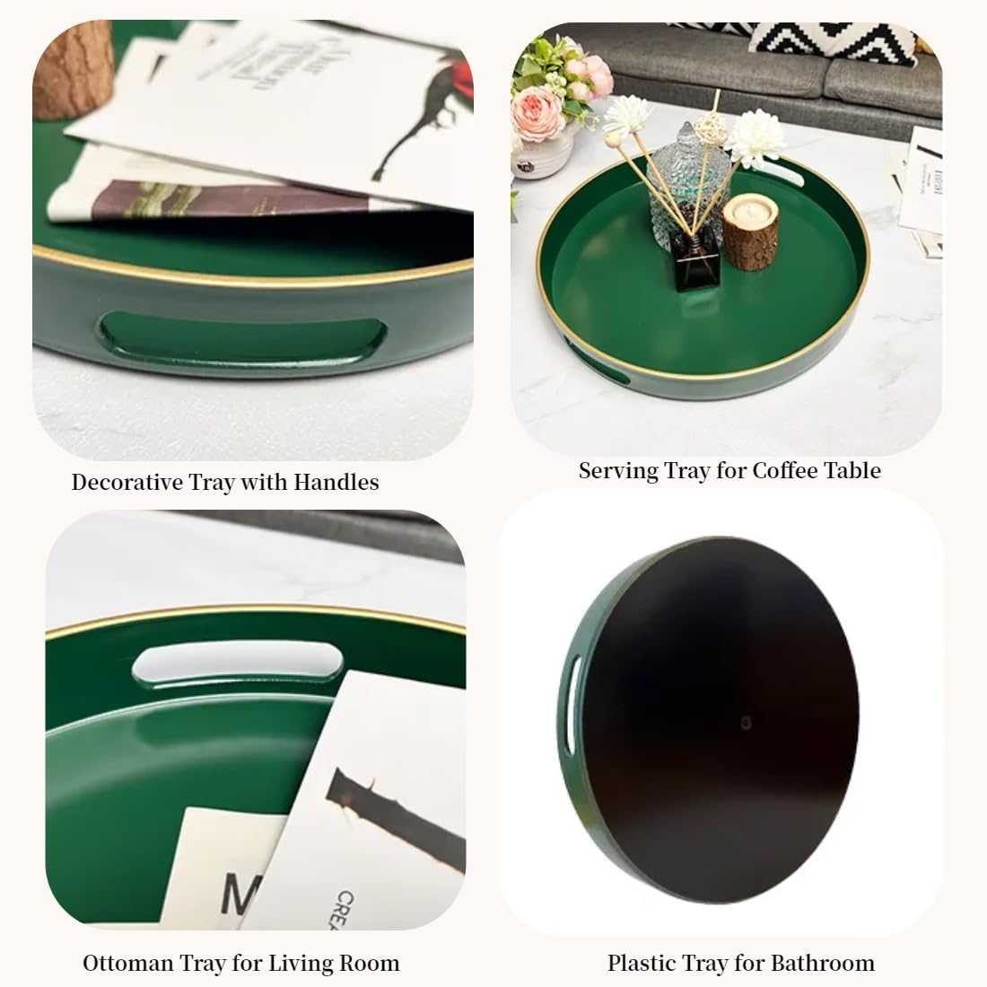 Green Round Serving Tray, Decorative Serving Trays with Handles, Coffee Table Tray Living Room, Plastic Tray for Ottoman.13
