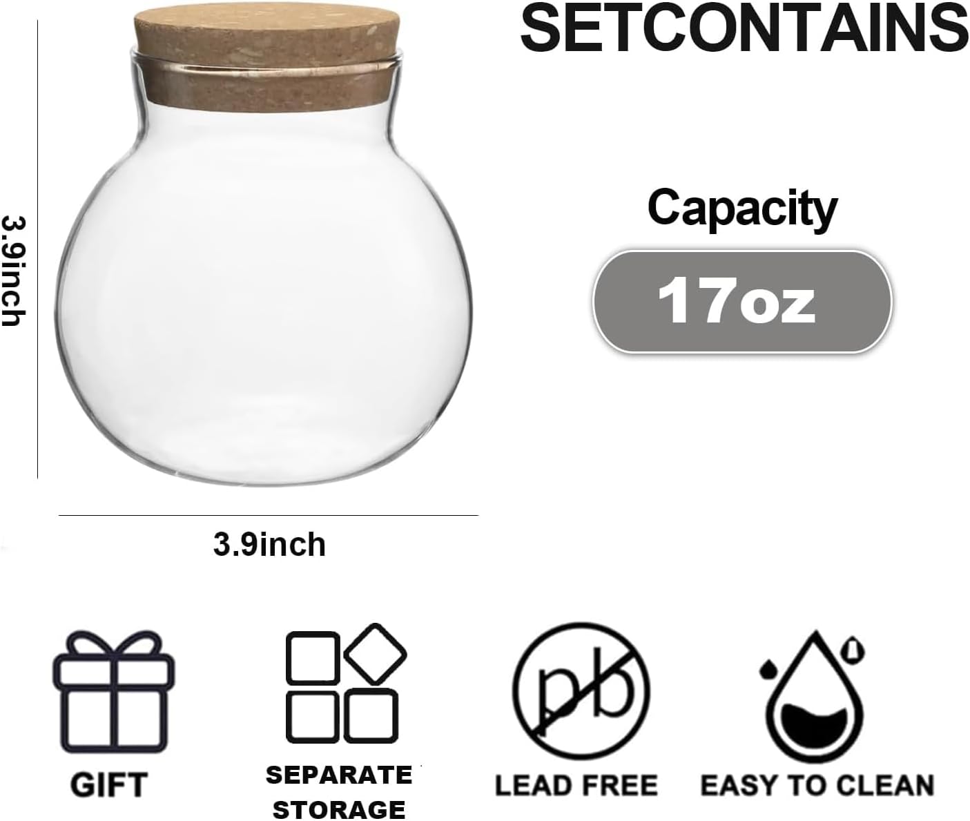 17oz Glass Jars with Airtight Cork Lids,Wedding Candy Jar,Glass Storage Jars Great Ideal for Kitchen Storage, Tea, Biscuits, Cereals, Flour, Beans, Spices, Coffee Beans (9)