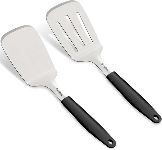 13.4 in Stainless Steel Spatula Set of 2, Heavy Duty Solid & Slotted Metal Spatula with Silicone Handle for Cast Iron Skillet, Egg, Burger and Grilling, Large