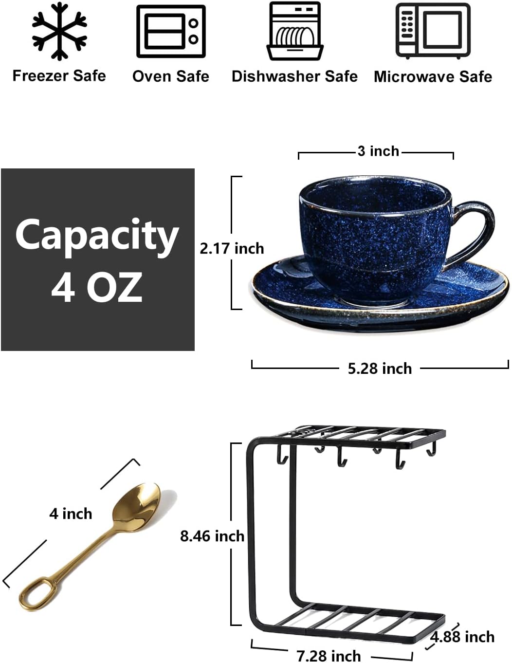 vicrays Ceramic Espresso Coffee Cups Set 4 oz Porcelain Espresso Cups with Saucers Spoons and Metal Stand for Tea Cafe Cappuccino Latte - Set of 6 - Blue