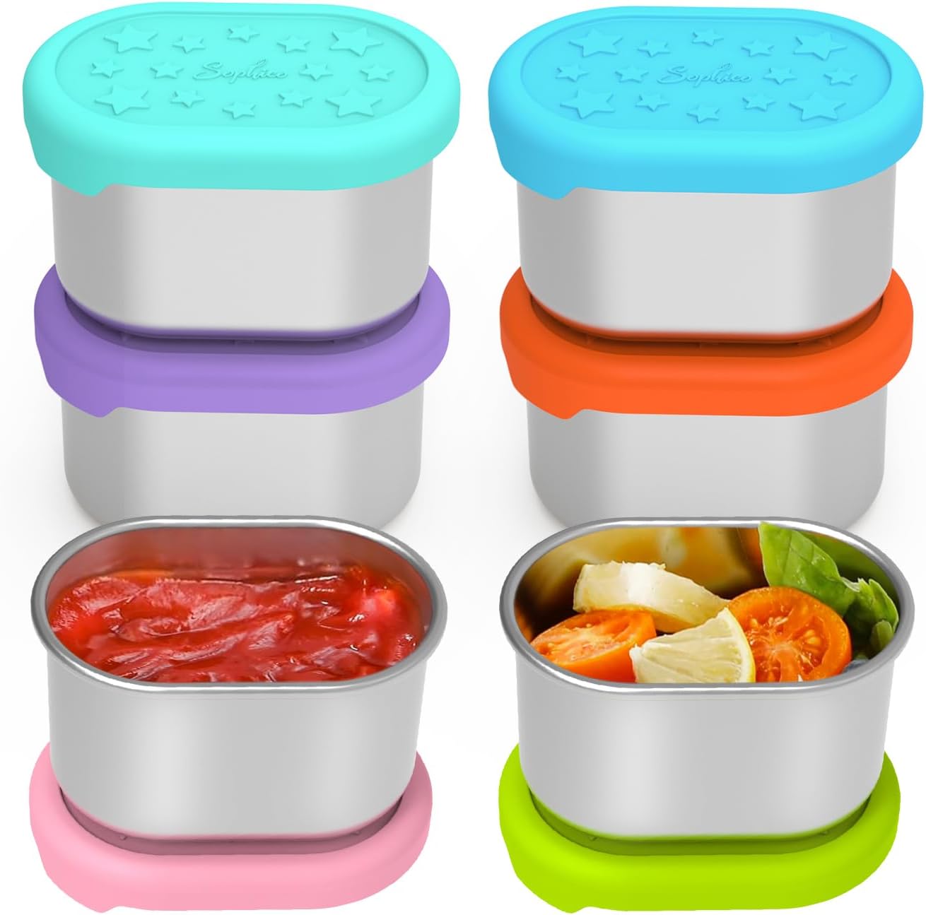 SOPHICO Stainless Steel Snack Containers for Kids, 3 oz Small Food Storage Container with Silicone Lid - Perfect 304 Metal Toddler Lunch Box for Daycare and School, Leak Proof (3oz, 6 PACK)