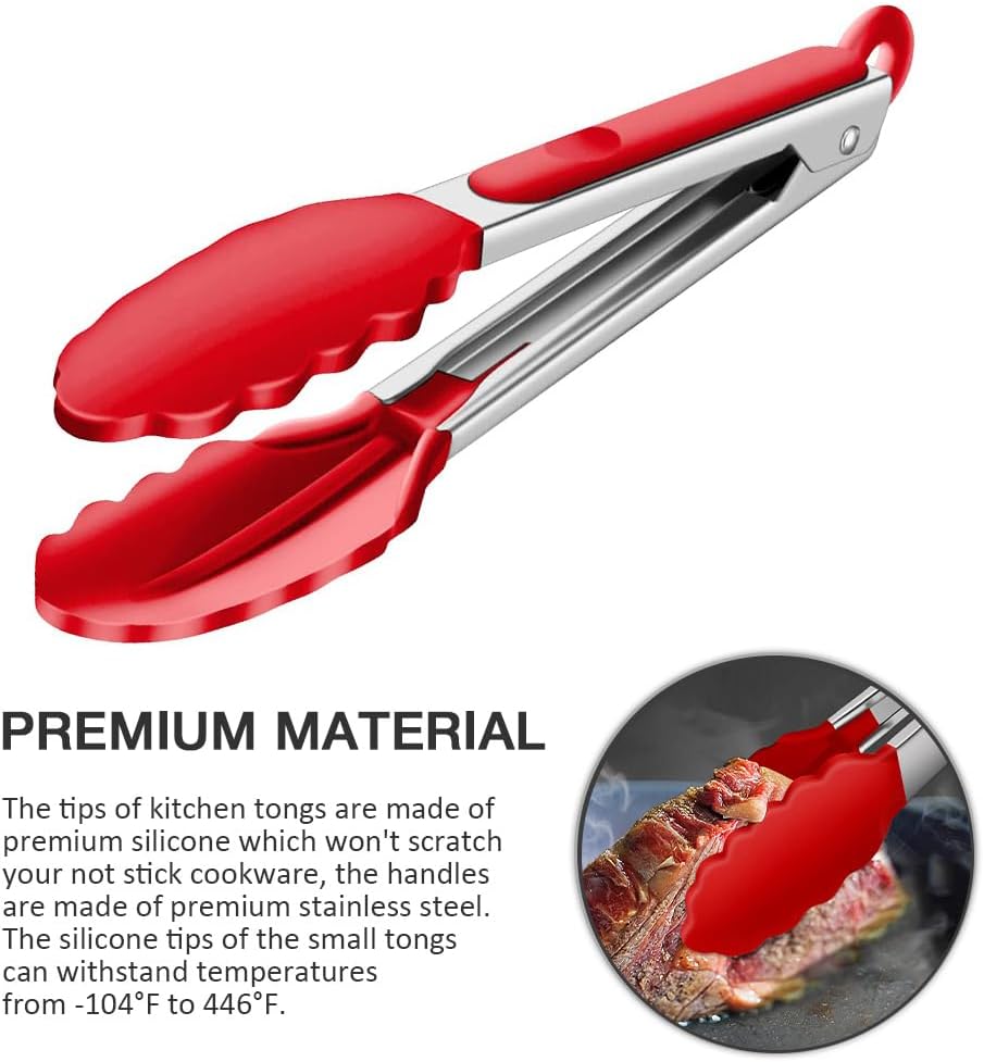 Mini Silicone Serving Tongs Set of 3, Small Kitchen Tongs (7 inch) with Silicone Tips and Stainless Steel Handle, Small Tongs for Steaks, Salads, Vegetables(Red)