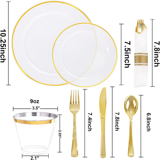 SUT 175 Pcs Gold and Clear Plastic Dinnerware Set for 25 Guests, Include: 25 Dinner Plates, 25 Dessert Plates, 25 Pre Rolled Napkins With Silverware, 25 Cups, Disposable Plates for Party, Wedding
