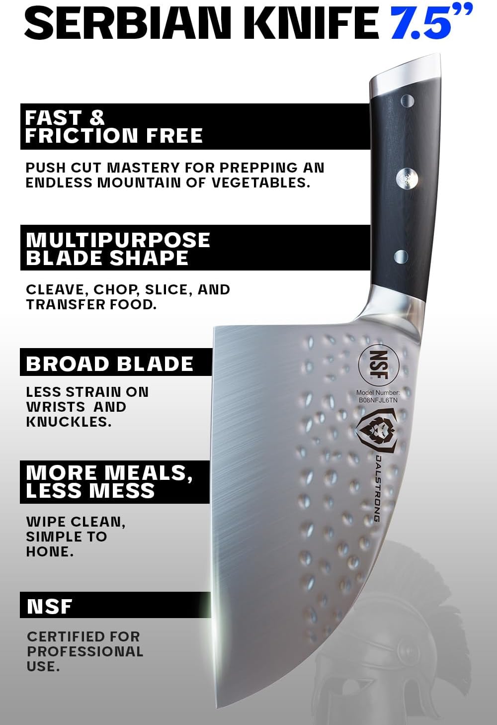 Dalstrong Serbian Chef Knife - 7.5 inch - Gladiator Series Elite - German HC Steel - Meat Cleaver Knife - Hammered Blade Finish - Razor Sharp Kitchen Knife - G10 Handle - w/Sheath - NSF Certified