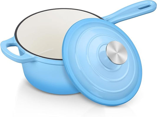 Enameled Cast Iron Sauce Pan with Lid, Leonyo 2 Quart Saucepan with Lid, Enamel Cast Iron Dutch Oven for All Cooktops Making Pasta Sauce, Milk, Oatmeal - Up to 500°F & 6.7Lbs, Lake Blue