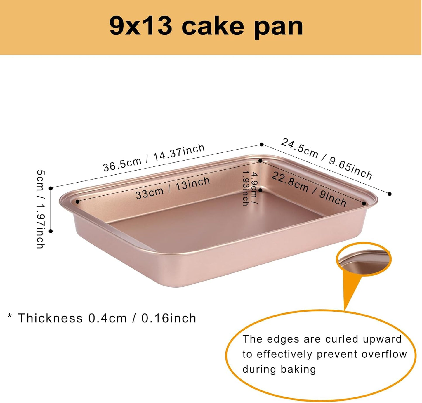 9x13 Baking Pan, Rectangle Cake Pan Nonstick, Bakeware Baking Pans for Oven, Easy Clean, Carbon Steel Cake Pan for Lasagna Brownies Casseroles Cakes Pan, Rose Gold
